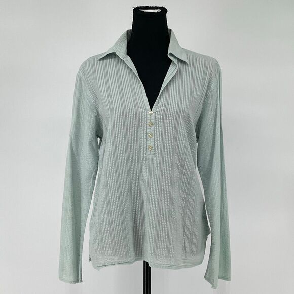 EDDIE BAUER Women’s Long Sleeve Top L Green Textured Cotton Split Neck Button - Picture 1 of 12